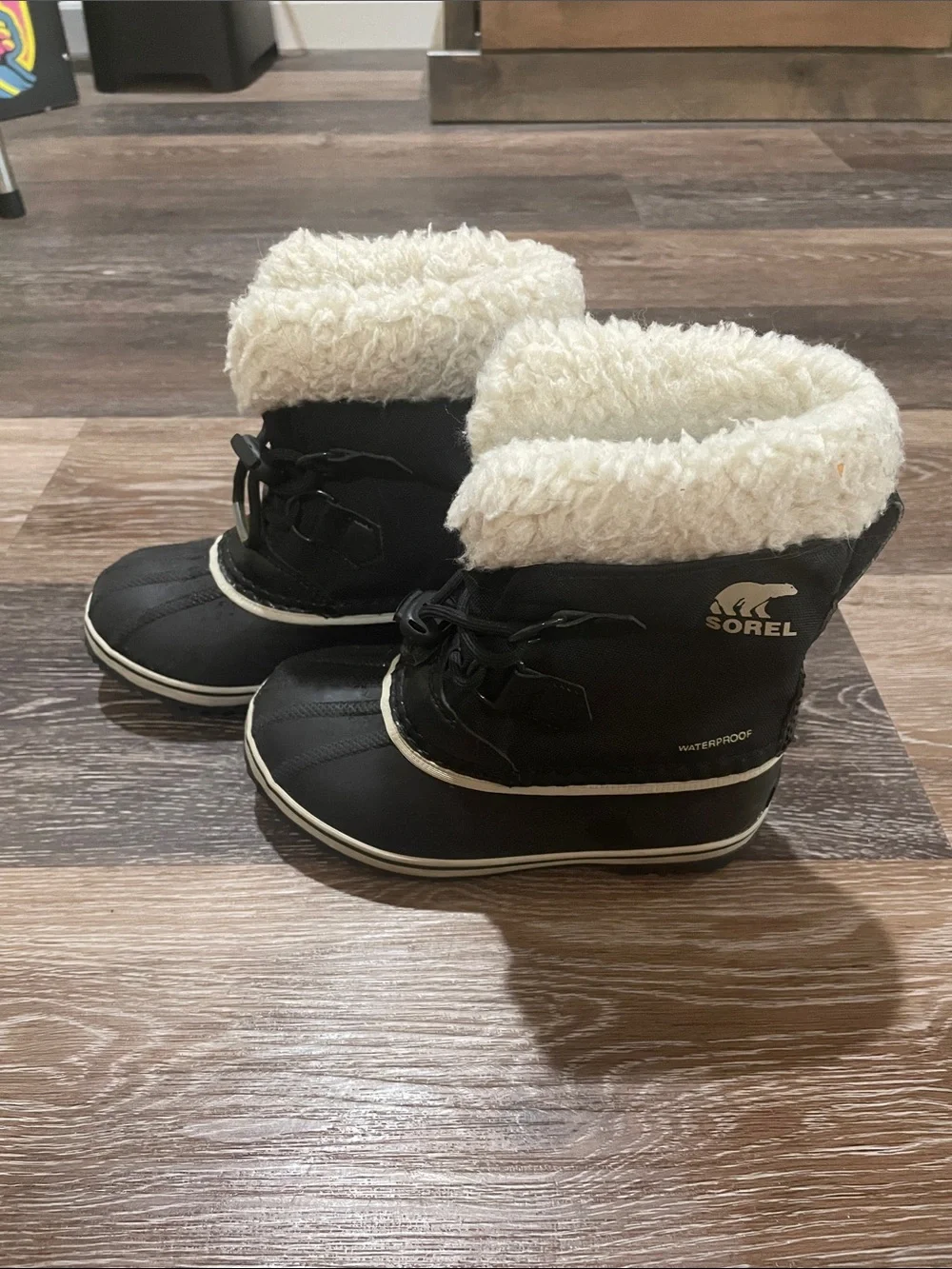 Sorel Kids Black Boots with Cream Faux-Fur Cuff